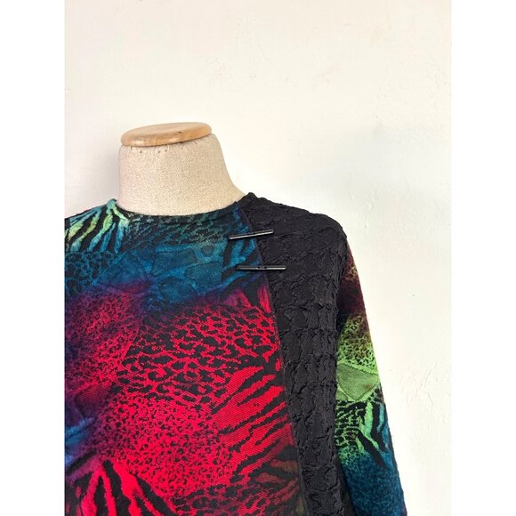 Caleoa Women's Sz M Multicolor Animal Print & Black Textured Asymmetrical Tunic - Picture 2 of 9